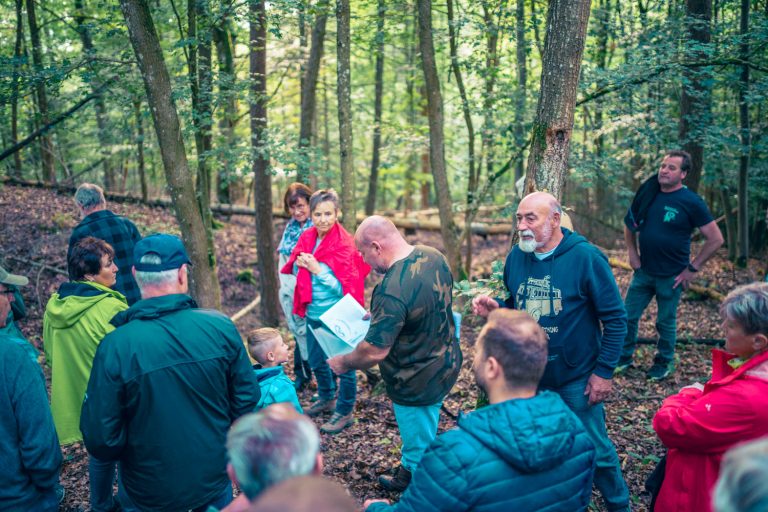 Die Teilnehmer der Schlossbergwanderung 2025 auf einem Hügel im Wald bei Breitenau.